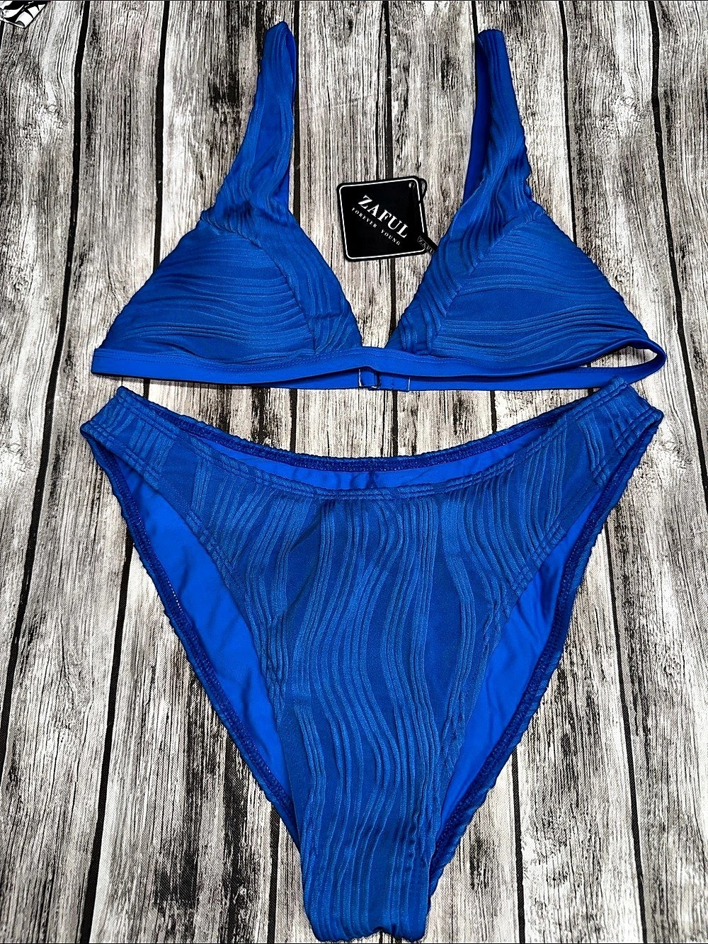 Zaful Textured High Cut Cheeky Triangle Bikini Set Blue Large NWT